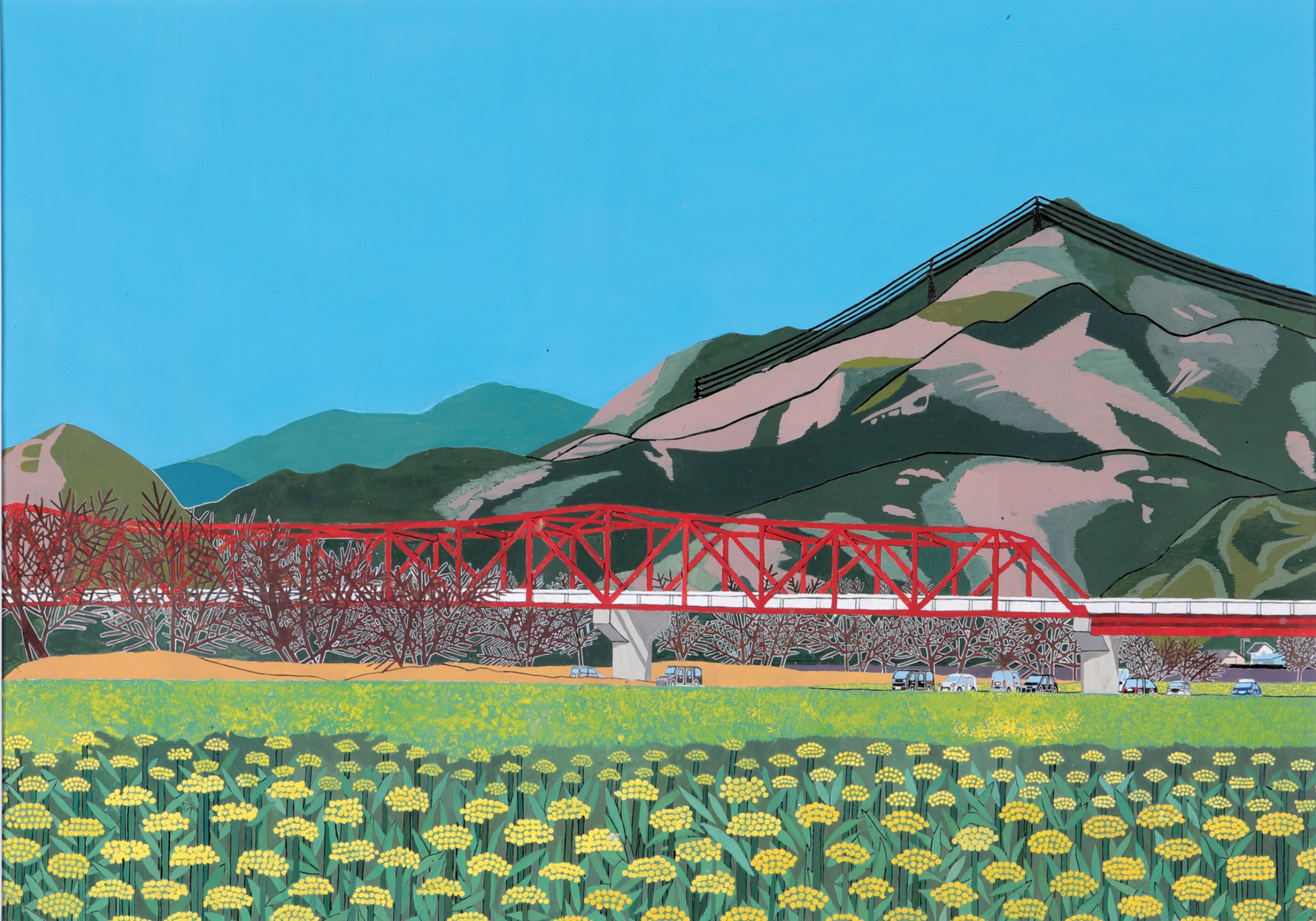 大石涼の作品「大洲五郎の菜の花畑と赤い橋」